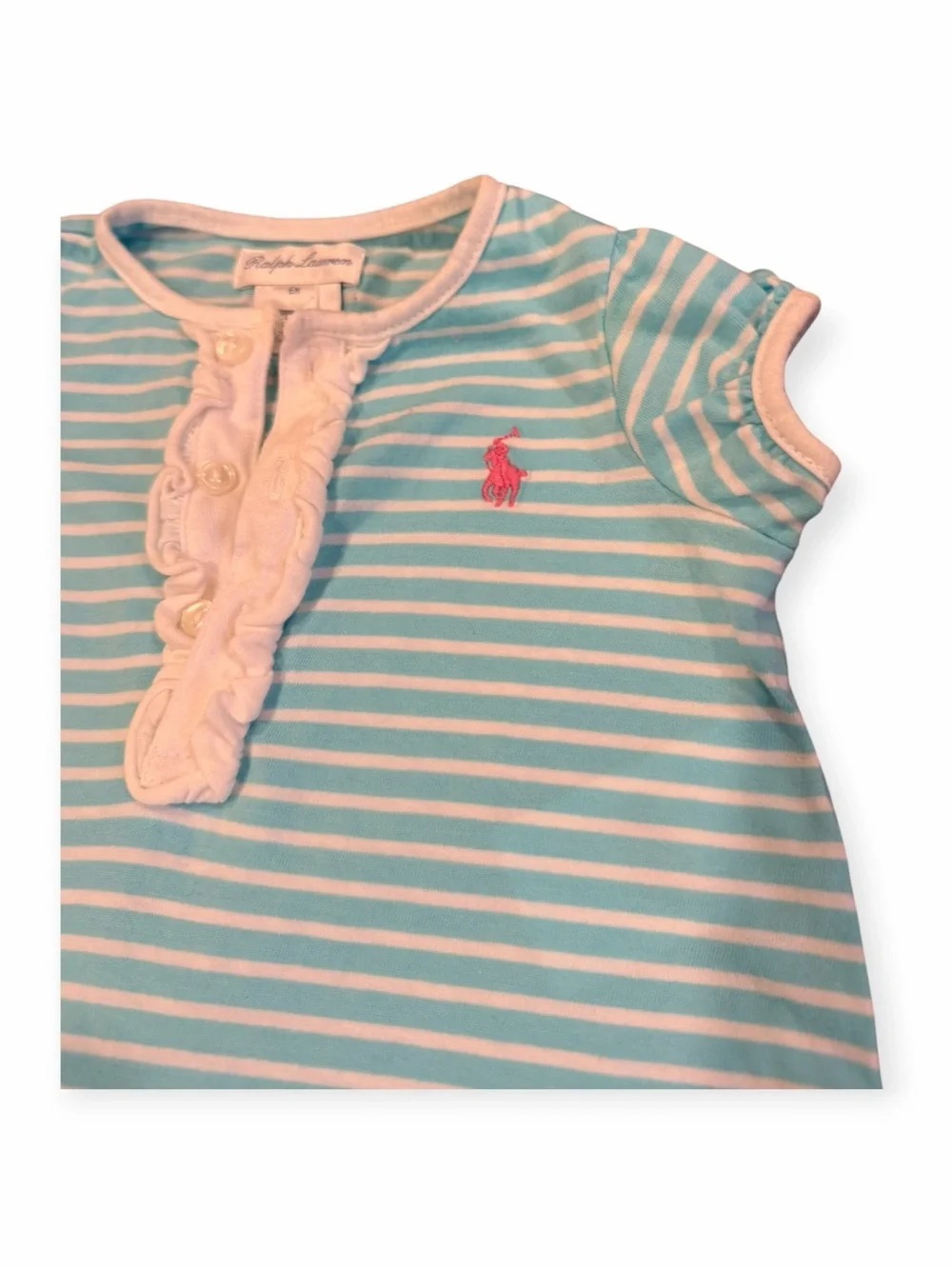 Ralph Lauren, Light Blue & White Striped Dress with Pink Trim Bloomers, Sz 6mos